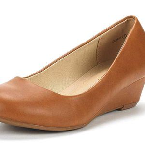 DREAM PAIRS Women's Debbie Mid Wedge Heel Pump Shoes, Tan Pu, Size 9